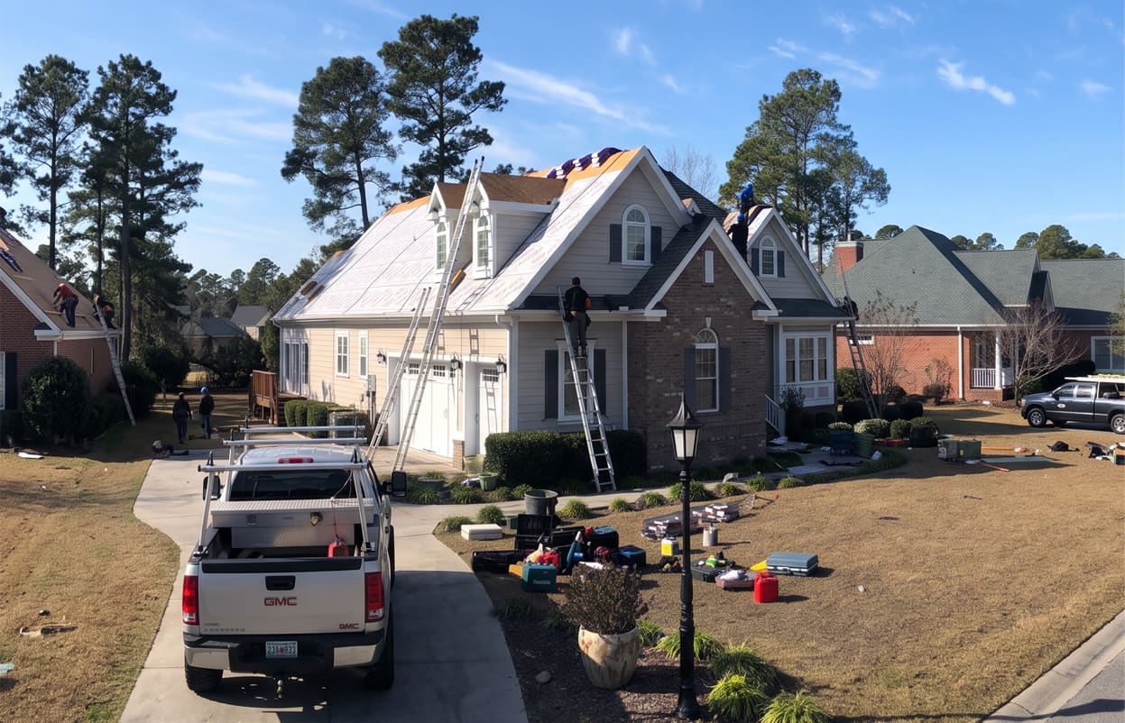 An Exterior Builder Services crew replacing a residential roof